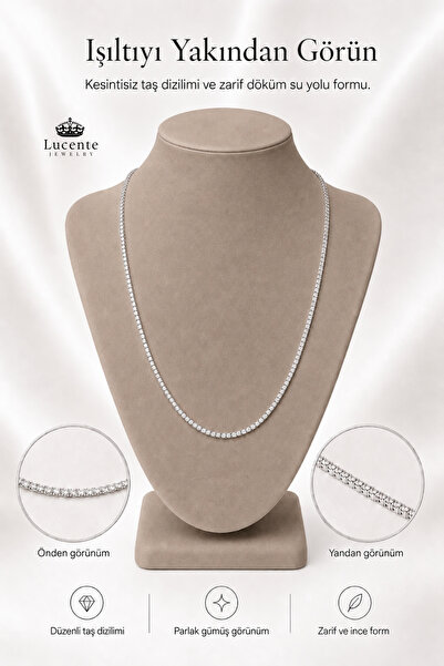 Lucente Jewellery 3mm Rhodium Su Yolu Kolye 925 Ayar Gümüş Kaplama Kararma Karşıtı Rodyum Güçlendirmeli Özel Tasarım Pırlanta Görünümlü Zirkon Taşlı Güç Denge ve Zarafetin Simgesi Küpe Hediyeli Zarif & Şık Kolye