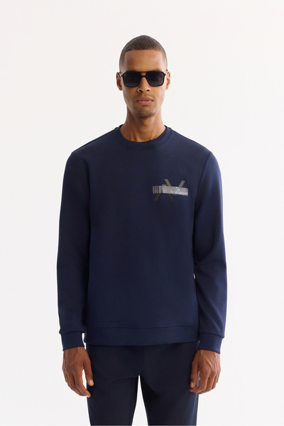 Avva Men's Navy Blue Crew Neck Cotton Bi-Stretch Printed Regular Fit Sweatshi...
