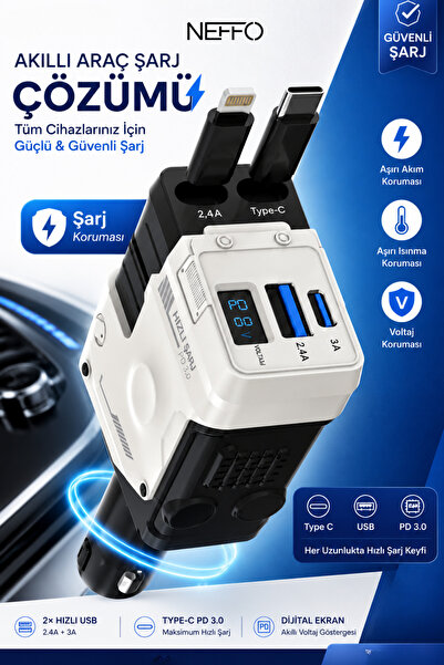 NEFFO 70W Çakmaklık Girişli Şarj Cihazı | Araç Şarj Cihazı | 3 USB + Type-C P...