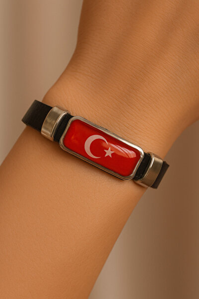 Herşey Nota Ay Yıldız Kırmızı Bayrak Figürlü Siyah Deri Bileklik | Unisex, Şı...