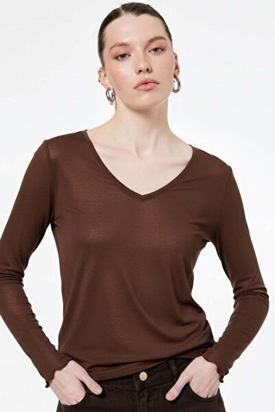 HAKKE Women's v-neck see-through long sleeve blouse