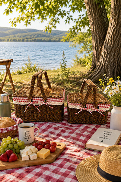 KaiHome Set of 2 Wicker Picnic Baskets – Red Gingham Decorative Basket Set wi...