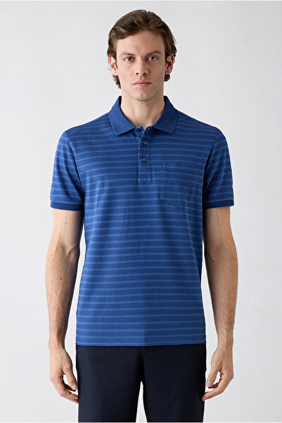 Kiğılı Regular Fit Buttoned Polo Collar Striped Pocket 100% Cotton T-Shirt