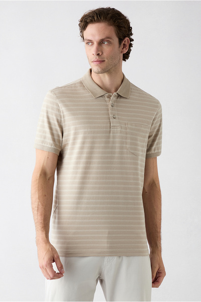 Kiğılı Regular Fit Buttoned Polo Collar Striped Pocket 100% Cotton T-Shirt