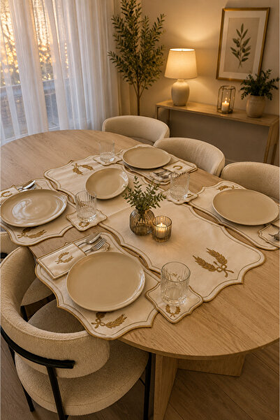 Çeyiz Diyarı Let's Eat Linen Embroidered American Service Set 19 Pieces