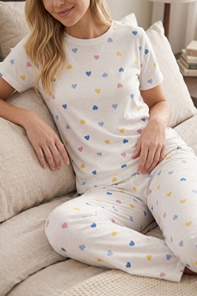 FİT WOMEN Colorful Heart Patterned Short Sleeve Pajama Set 4596