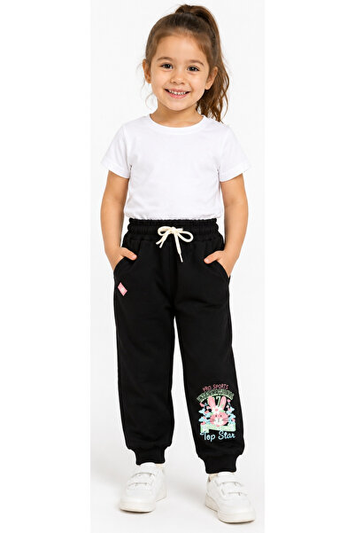 İrem Çocuk Giyim Girl's Rabbit Patterned Black Sweatpants with Pockets