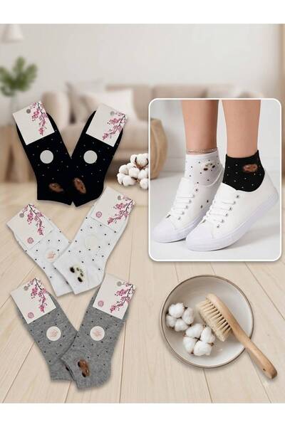 ARMAĞANİKA 6 Pairs of Women's Cotton Booties Socks with Teddy Bear Pattern in...
