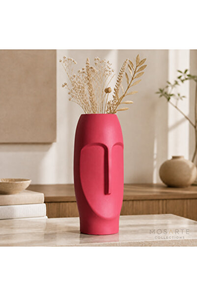 Mosarte Stoneface Modern Dekoratif Yüz Vazo – Pembe Renk, 23 × 8 CM