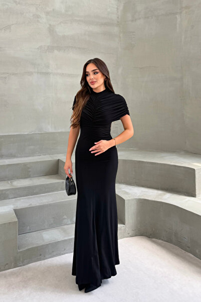 MİROR Kadın Siyah Drapeli Yüksek Yaka Balık Model Maxi Boy Elbise