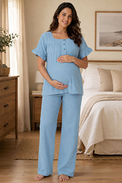 ByLohusa Soft Textured Muslin Fabric Maternity Set Effortt - Indigo
