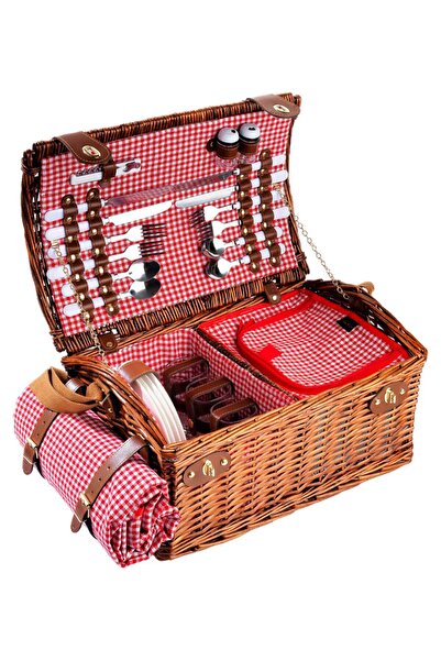 Picnic&co Piknik Sepeti 4 Kişilik El Yapımı Hasır Piknik Seti Pötikare Desenl...
