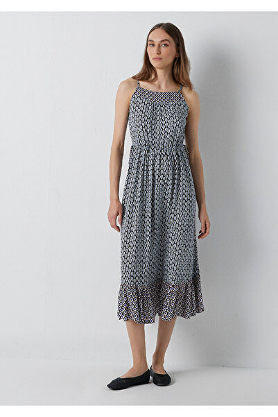 Mavi Desenli Askılı Midi Elbise 1310918-91667