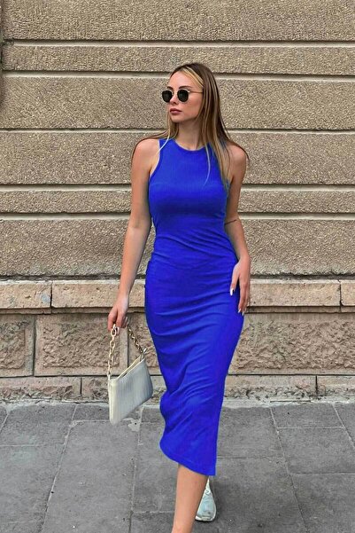 ALFUDO Moda Collection فستان بياقة هالتر متوسط ​​الطول شق قلم أزرق بلون الكوبالت فستان أزرق