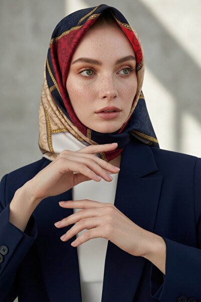 Vissona %100 Twill İpek Geometrik Desenli Lacivert - Kırmızı Renkli 90x90 Eşa...