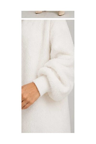 ZEYN STORE Kadın Şal Yaka Oversize Triko Ve Sakallı Tüylü Uzun Hırka