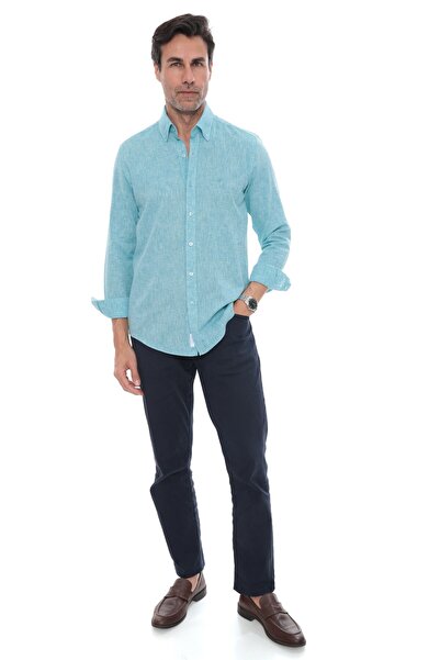 Fitmens Slim Fit Long Sleeve Lapel Buttoned Breathable Linen Gift Boxed Men's Shirt Fs-004548 - Dark Mint