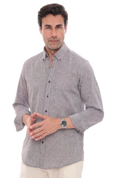 Fitmens Slim Fit Long Sleeve Lapel Collar Buttoned Breathable Linen Gift Boxed Men's Shirt Fs-004548 - Brown