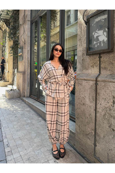 Laluvia Brown Plaid Kimono Shalwar Set - 0993