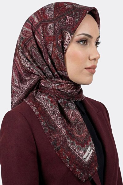 hadiora Kadın Bordo Pudra Etnik Desenli Flamlı Eşarp