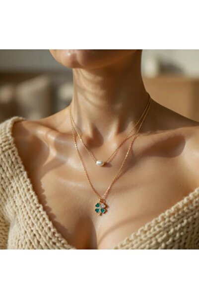 stainless steell Gold Color Double Pendant Necklace with Pearl Lucky Clover F...