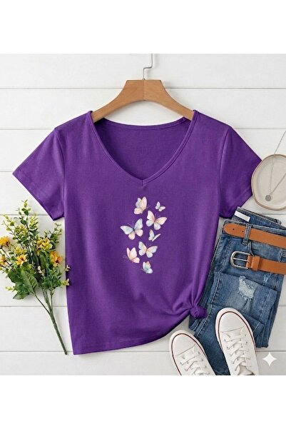 FAVORİST Γυναικείο μπλουζάκι με στάμπα BUTTERFLIES με λαιμόκοψη V και κανονικ...
