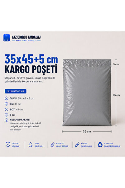 YAZICIOĞLU AMBALAJ 35X45+5 CEPSİZ KARGO POŞET - 1.000 ADET --DIŞI GRİ İÇİ SİY...