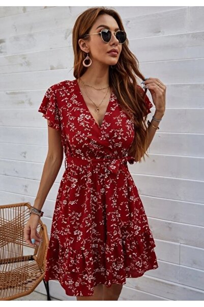 Iuliashop Rochie scurtă roșie cu flori albe și decolteu în V - M