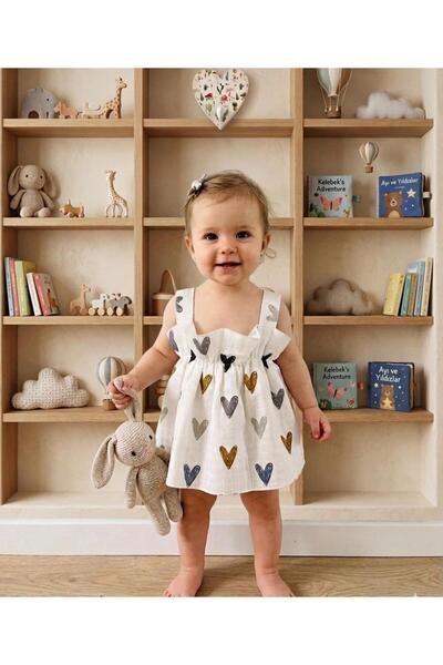 cacobutik Baby Girl Heart Printed Summer Suspender Muslin Dress White