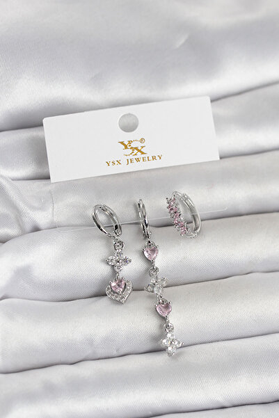 Berren Stylish Brass Silver Color Pink Zircon Stone 3-Piece Women's Earrings ...