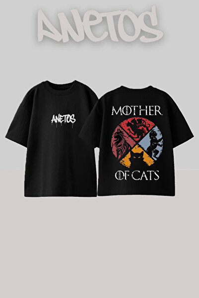 Anetos Tricou oversize negru din bumbac cu imprimeu pe spate Mother Cats Design