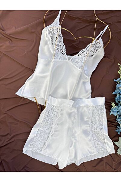ROZENİN LINGERIE Satin Lace Detailed Strappy Shorts Pajama Nightgown Set