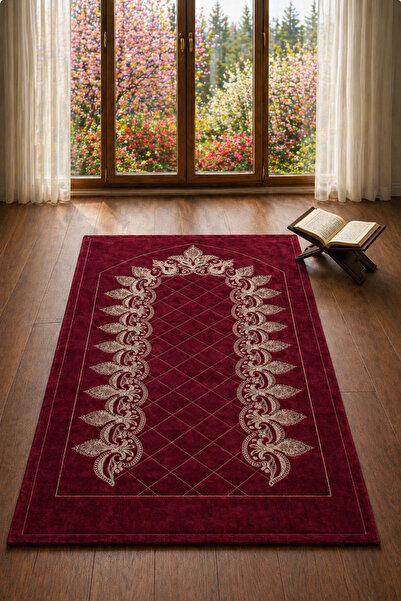 Hig Store Kapitoneli Nakışlı Çeyizlik Seccade.Bordo. 70x110 cm