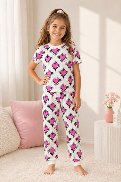 Beniizle Kalp Desenli Yazlık Kız Çocuk Pijama Takımı