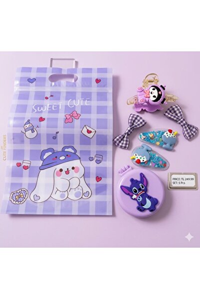 icha Sweet Cute Kız Çocuk Aksesuar Seti – 5 Parça Tokalı Fiyonk Aynalı Tarakl...