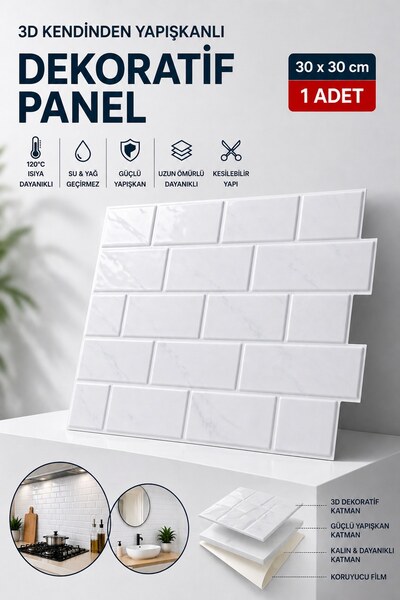 Örtücüm 3D Beyaz Seramik Görünümlü Kendinden Yapışkanlı Duvar Paneli 30x30 cm...