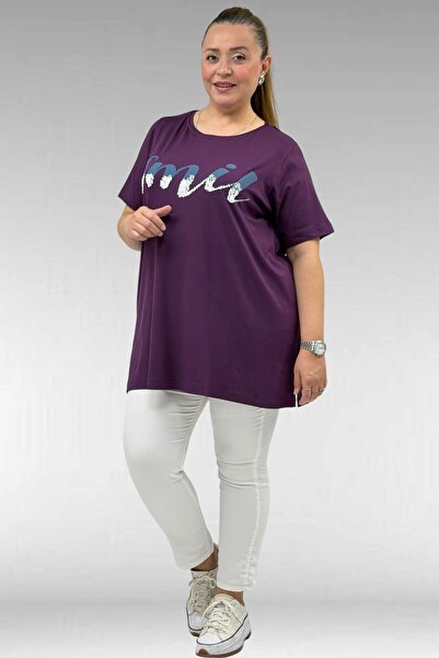 Eslina 68503 Tricou din bumbac pieptănat cu guler imprimat, mărime mare - Prune