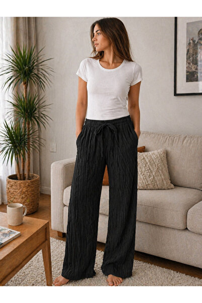 diğer333 bürücük kumaş Dokulu Yüksek Bel Rahat Kesim Kadın Pijama Altı Ev Giy...