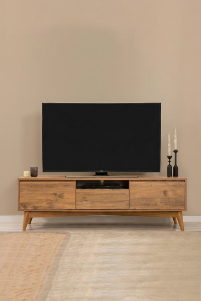 MAQ HOME Vina Modern Tasarım Masif Ayaklı Kapaklı Ve Raflı Ahşap Tv Ünitesi