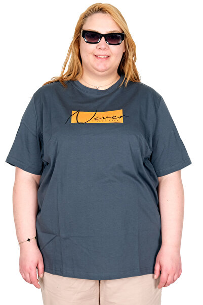 ModeXL Mode XL Real Big Size Γυναικείο T-Shirt Bıs Collar Never U26125 PETROL...