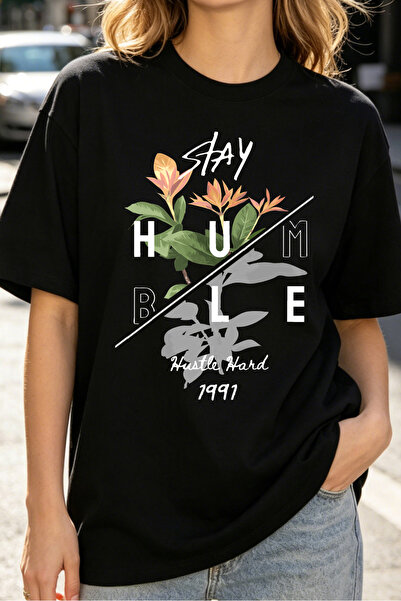 Fleck تي شيرت نسائي بتصميم زهري كاجوال من Stay Humble Hustle Hard 1991