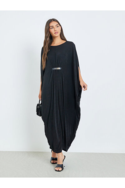 Styli Black Kimono Sleeve Maxi Dress with Buckle Detail