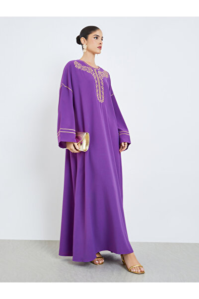 Amirah By Styli Purple Embroidered Round Neck Jalabiya
