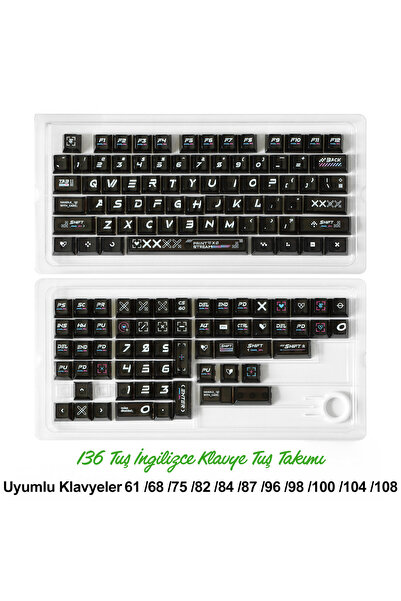silabor 136 Tuşlu Keycaps Siyah baskılı, şeffaf, 136 tuşlu İngilizce yazı tip...