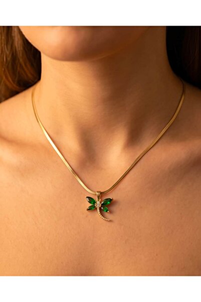 Portakal Esintisi Viridra Zircon Stone Green Dragonfly Steel Necklace