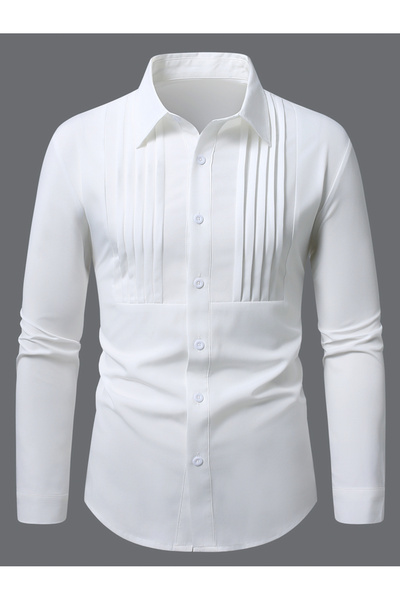 Take Two By Styli Men White Textured Pleated Shirt