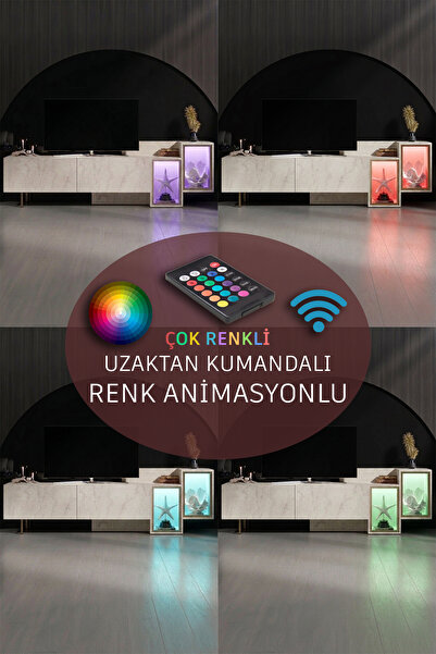 Modatte TENON 213.2 cm TV ÜNİTESİ RGB LED IŞIKLI GOLD DEMİR AYAKLI RAFLI DOLAPLI TRAVERTEN TV SEHPASI