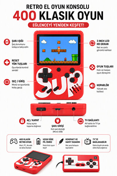 400 Nostalji Oyunlu Mini Atari Karışık Renk Çift Kol Kırmızı Beyaz Sarı Mavi Siyah