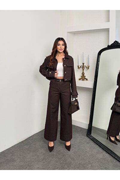 MiraMore Butik Women's Short Jacket High Waist Wide Leg Pants Set with Pocket...