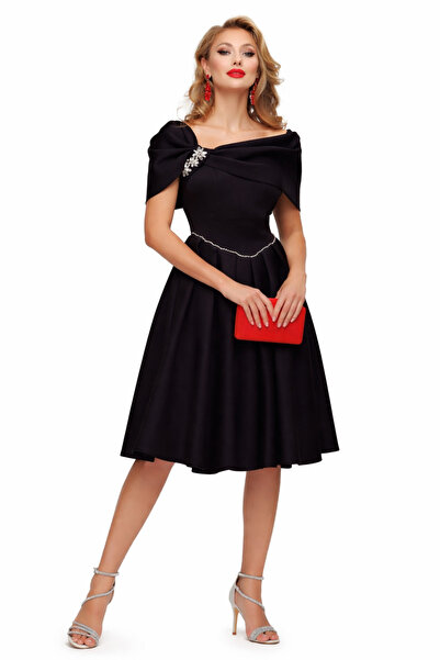 Fofy Rochie de ocazie eleganta neagra din neopren pe umeri cu fusta in pliuri...